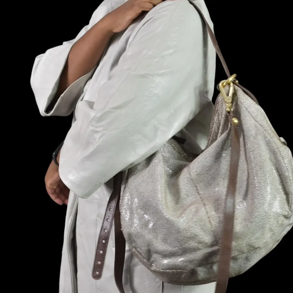 Hobo Slouchy Stingray Shoulder Bag Brown Shagreen Glaze Leather Curved Crossbody